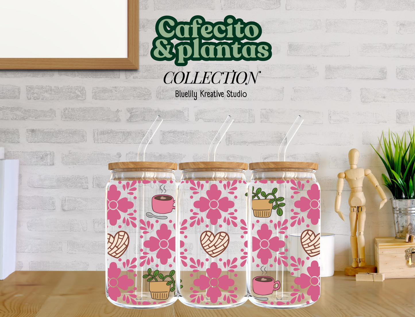 Vaso Cristal Cafecito&amp;Plantas Rosa